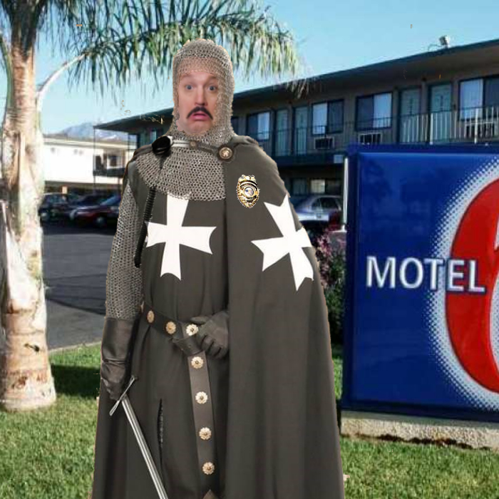 photo of  a Knight Hospitaller guarding a motel 6.